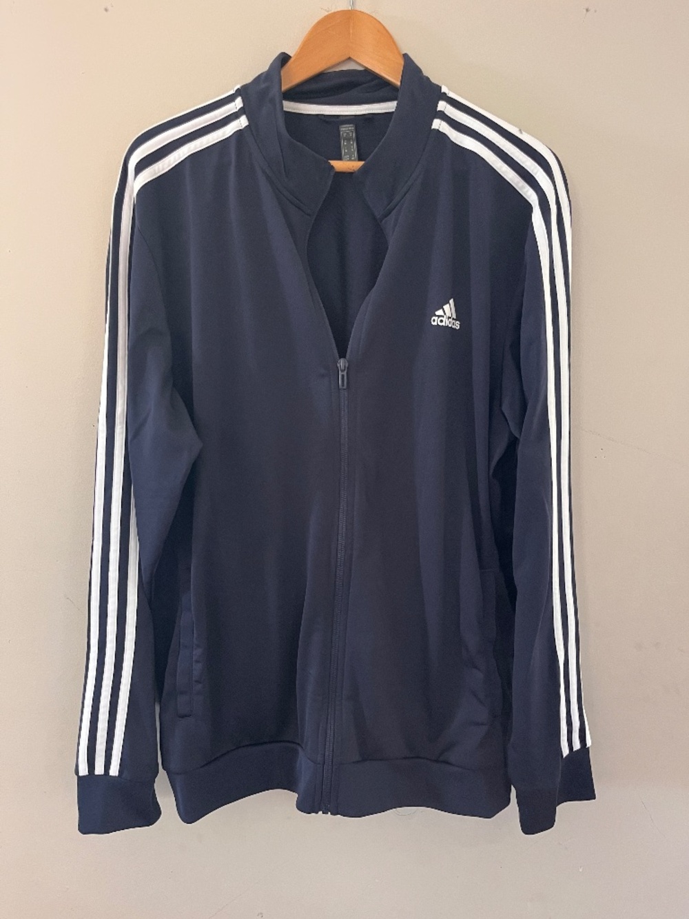 Adidas Black Zip-Up Jacket with white stripes, XL, great condition!
